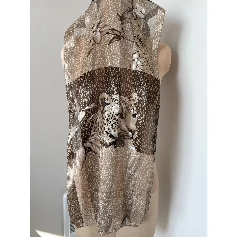 Silky Brown Tones Neck Scarf Patchwork Floral Leopard Giraffe Animal Print